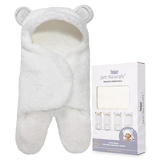 Jam Naturals- Baby Swaddle Blanket, Cute Bear Organic Receiving Swaddling Wrap, Gender Neutral Soft Newborn Baby Registry Gift (White 0-3m)-CubbioBaby