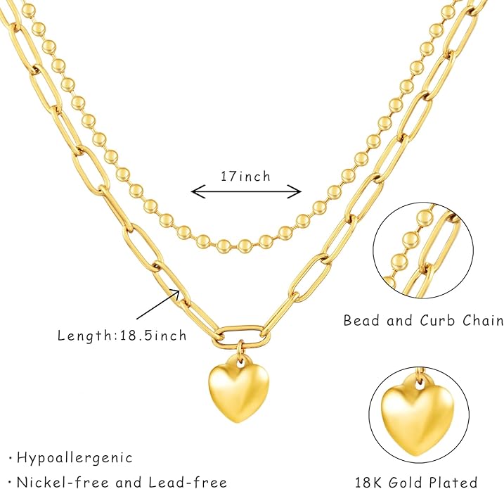 Heart Necklace for Women, 18K Gold Plated Heart Pendant Layered Necklaces Jewelry Gifts Gold Silver