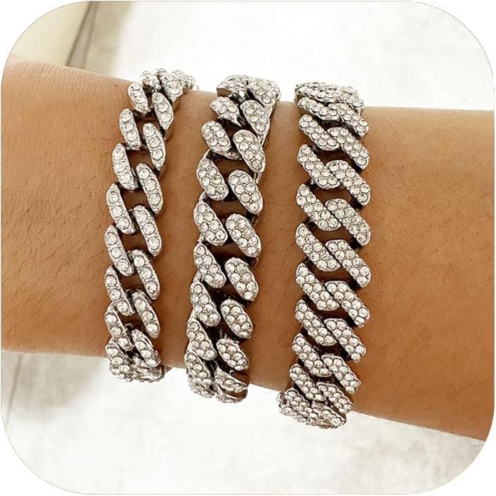 14K Gold Plated Ankle Bracelets for Women Cuban Link Anklets Plus Size Silver Ankle Bracelet Layered Link Anklet Set Rhinestone Bling Anklets Silver Jewelry for Women Gift Set