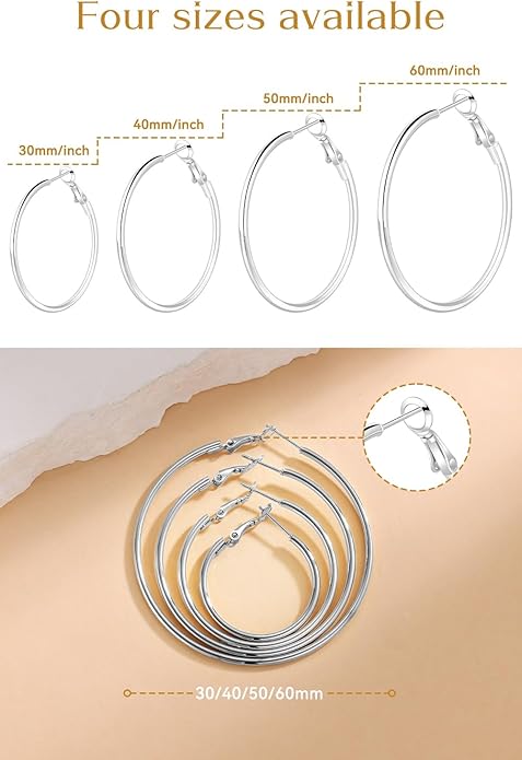 4/6 Pairs Gold Silver Hoop Earrings for Women 14K Gold Plated Hypoallergenic 2mm Thin Hoops Stainless Steel Lightweight Dangle Set 30/40/50/60mm