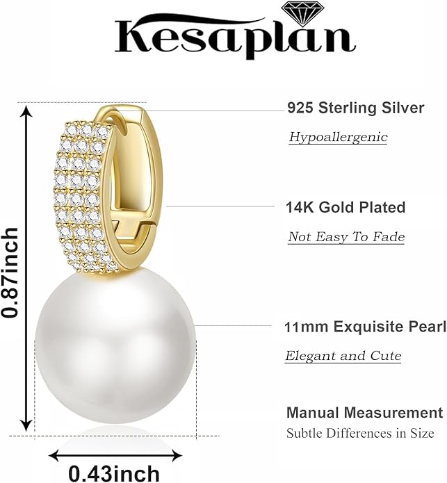 Pearl Earrings for Women 14K Gold Plated Hypoallergenic Pearl Earrings 5A Cubic Zirconia Dangle Earrings Elegant Jewelry