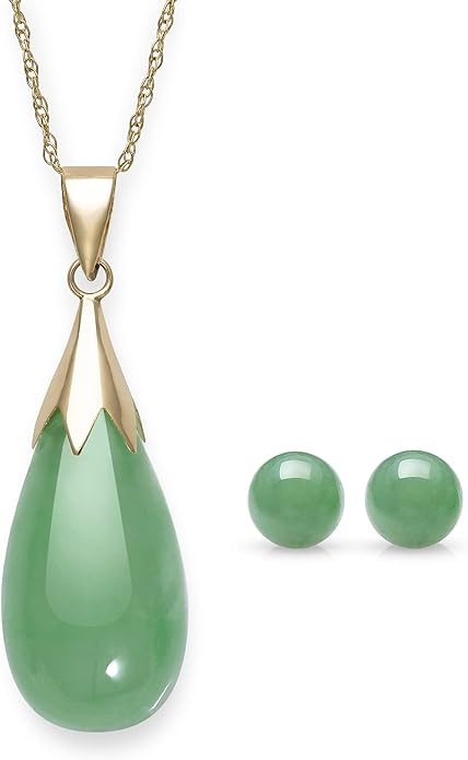 Belacqua Natural teardrop Jade Pendant Necklace for Women | 10K Gold 18" Rope Chain With Spring Ring Clasp | Jewelry for Her | Gift Box Included