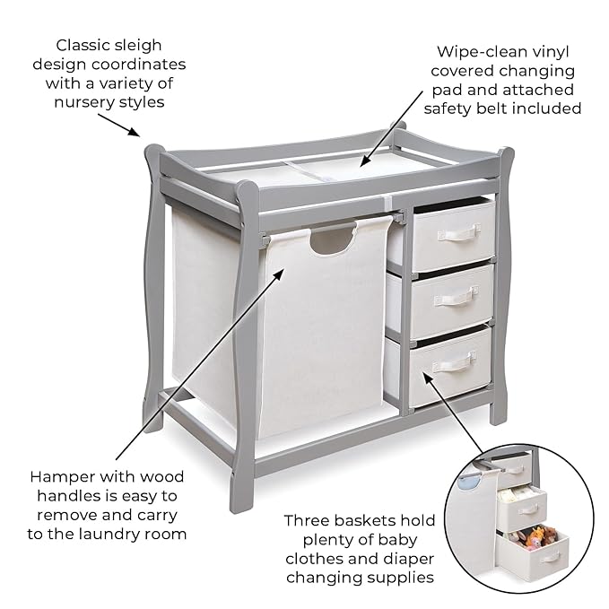 Badger Basket Sleigh-Style Baby Changing Table - Diaper Changing Station with 3 Storage Baskets - Nursery Organizer with Hamper, Changing Pad, Safety Rails - Gray-CubbioBaby