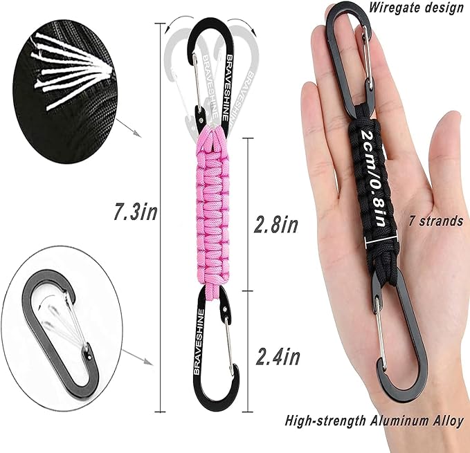 BRAVESHINE Paracord Keychain Carabiner Clip, D Ring Lanyard Hanger Stroller Hook for Water Bottle, Key, Backpacks, Men, Women-CubbioBaby