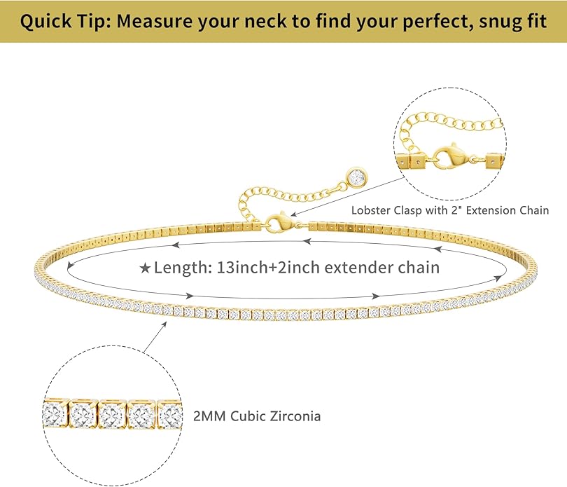 Tennis Necklace for Women, 14K Gold/Silver Plated Rhinestone Choker Necklace for Women, Dainty Cubic Zirconia Cut Faux Diamond Chain