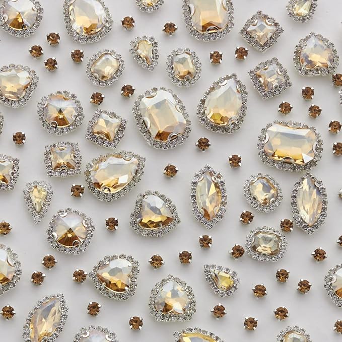 TANOSII Sew on Rhinestones 100 PCS Mixed Shapes Glass Rhinestones Sew on Crystal Gems Mental Flatback with Silver Claw for Jewelry Crafts Clothes Shoes Costume Garment Champagne Type 1