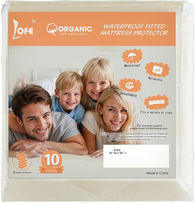 Lofe Organic Cotton King Mattress Protector - Top&Side 100% Waterproof Mattress Protectors, Breathable Organic Mattress Protector, Noiseless King Mattress Protectors Waterproof 80x76x17 in-CubbioBaby