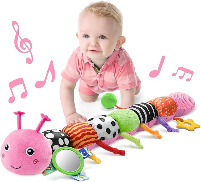 LIGHTDESIRE Baby Toys Musical Caterpillar,Infant Toys Stuffed Animals with Mirror,Ruler Design,Pull String&Rattles,Sensory Toy for Tummy Time Boy Girl Newborn Gifts 3 6 12 Months(Rose Pink,Knot Limb)-CubbioBaby