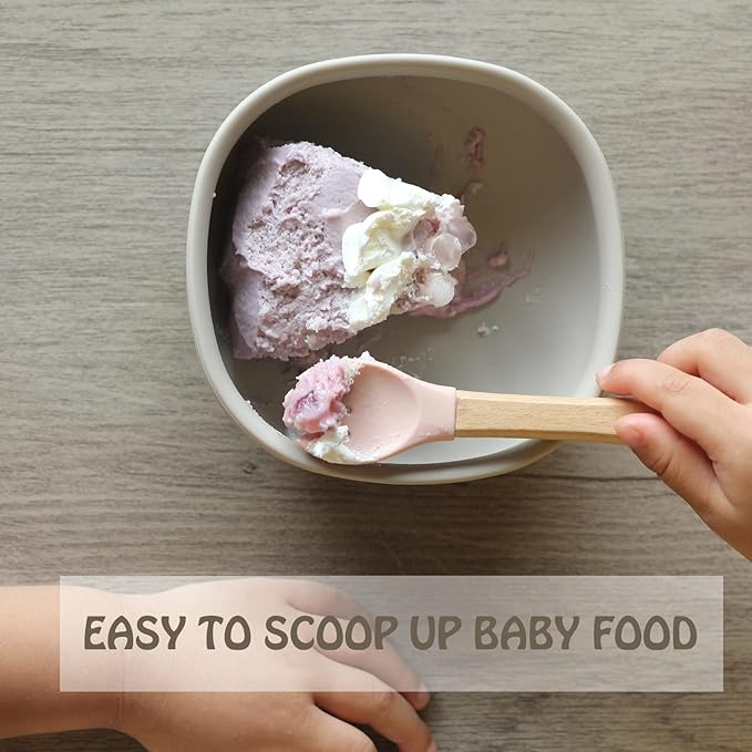 Ginbear Silicone Baby Spoons and Forks Self-feeding 12-18 Months, Soft-Tip Baby Flatware Sets, Toddler Feeding Utensils for Child, 4 Piece Set (Hazy Green/Almond)-CubbioBaby