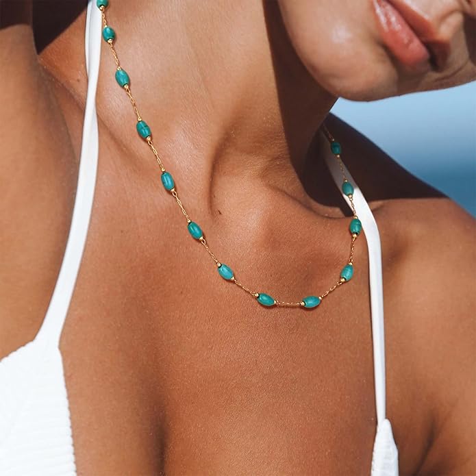 Created Turquoise Necklace for Women 14K Gold Plated Beaded Heart Choker Boho Necklaces Handmade Beach Summer Everyday Western Jewelry Gifts