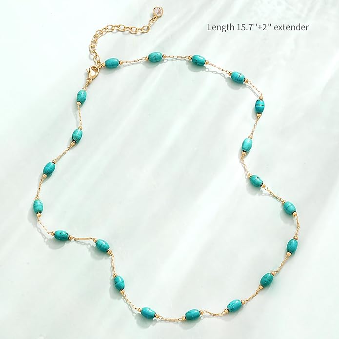 Created Turquoise Necklace for Women 14K Gold Plated Beaded Heart Choker Boho Necklaces Handmade Beach Summer Everyday Western Jewelry Gifts