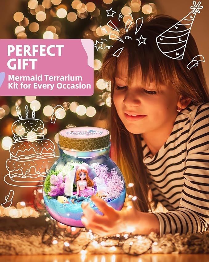 Light-Up Mermaid Terrarium Kit for Girls, DIY Arts & Crafts Gift for Girls Ages 4-6 7 8-12 Year Old, LED Night Light with Remote, Best Christmas Mermaid Birthday Decoration Toys Gifts for Girls Kid