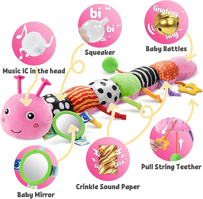 LIGHTDESIRE Baby Toys Musical Caterpillar,Infant Toys Stuffed Animals with Mirror,Ruler Design,Pull String&Rattles,Sensory Toy for Tummy Time Boy Girl Newborn Gifts 3 6 12 Months(Rose Pink,Knot Limb)-CubbioBaby
