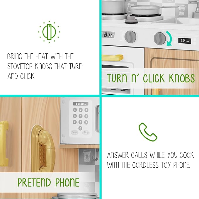 Lil' Jumbl Kids Kitchen Set, Pretend Wooden Play Kitchen with Chalk Board, Play Phone, Towel Rack & Ice Dispenser, Clicking Knobs, Pots & Utensils Included - Natural