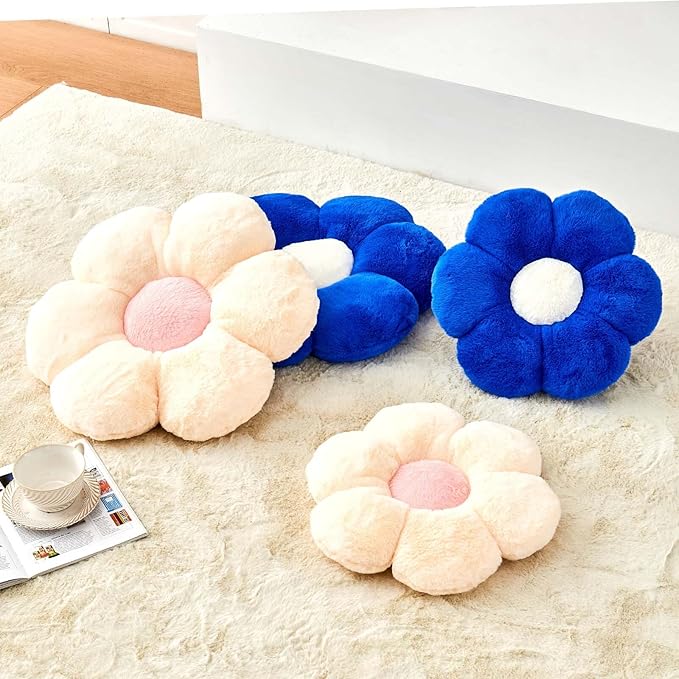 Royal Blue Flower Pillow, Cute Decorative Flower Shaped Throw Pillow with Faux Rabbit Fur, 19.6" Soft Flower Plush Throw Pillow Floor Pillows Room Décor for Bedroom Living Room-CubbioBaby
