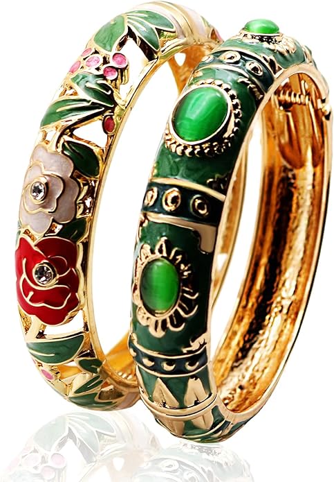 Vintage jewelry bangle Green Enameled Bracelet with Gemstone Floral Gold Plated Bangle Jewelry Gifts for Mom BFF Daughter