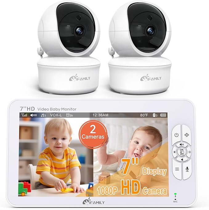 iFamily 7" Large Split Baby Monitor with 2 HD Cameras and Audio, 1080P HD Video Baby Monitor No WiFi,Hack Proof-CubbioBaby