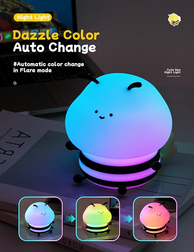 Bee Night Light for Kids,Cute Squishy Silicone Nursery Night Lamp Kawaii Animal Bedside Nightlight with 7 Colors 3 Levels Dimmable Tap Control Rechargeable Nightlights for Kids, Room Decor-CubbioBaby