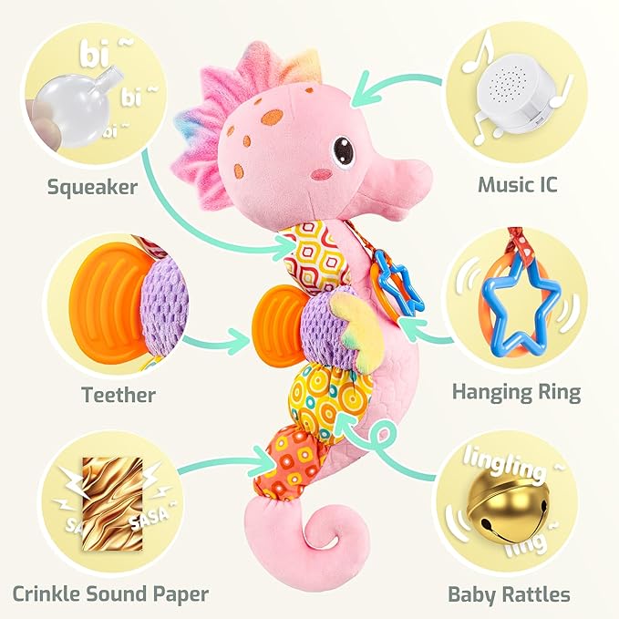 LIGHTDESIRE Baby Toys Musical Seahorse,Infant Stuffed Animal Toys with Crinkle and Rattles,Soft Sensory Toys with Textures for Tummy Time Newborn Boys Girls 0 3 6 12 Months(Pink)-CubbioBaby
