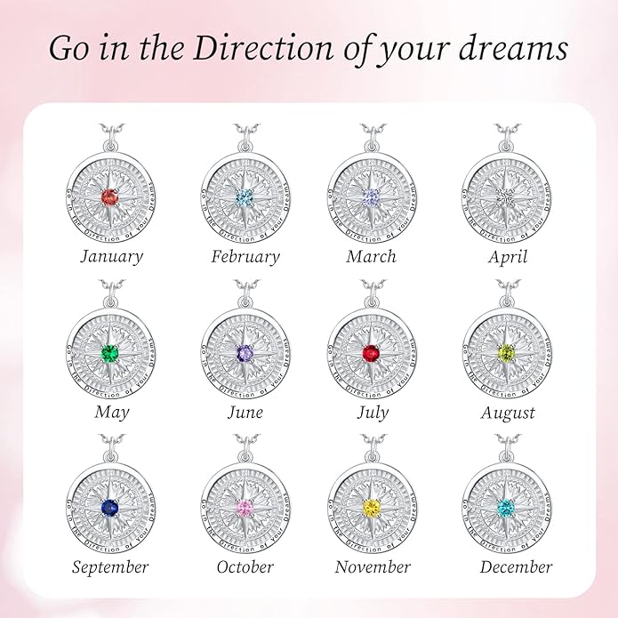 KINGWHYTE Graduation Gifts Birthstone Necklace for Women 925 Sterling Silver Compass Pendant Go in the Direction of your Dream Travel Jewelry Birthday Gift for Her