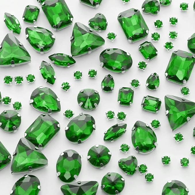 TANOSII Sew on Rhinestones 100 PCS Mixed Shapes Glass Rhinestones Sew on Crystal Gems Mental Flatback with Silver Claw for Jewelry Crafts Clothes Shoes Costume Garment Grass Green