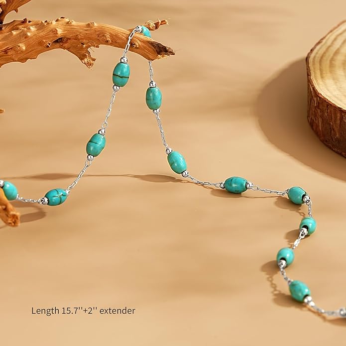 Created Turquoise Necklace for Women 14K Gold Plated Beaded Heart Choker Boho Necklaces Handmade Beach Summer Everyday Western Jewelry Gifts