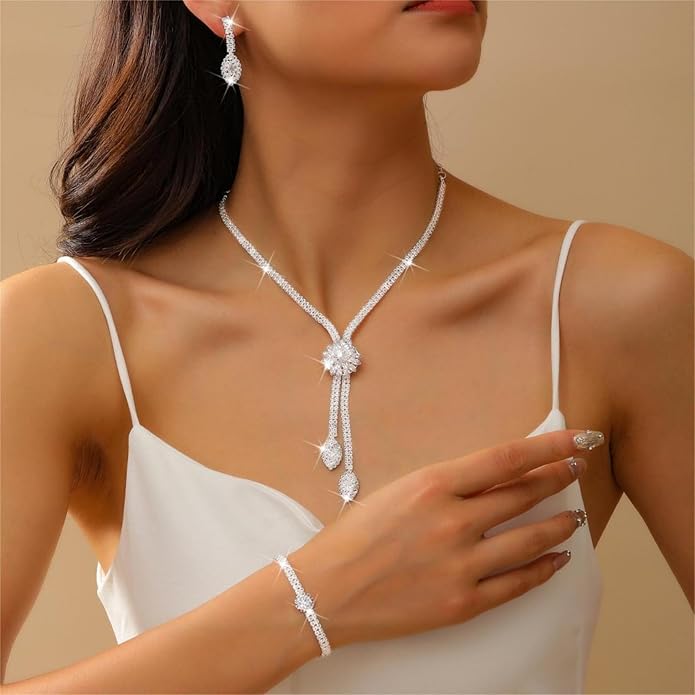 Rhinestone Earrings Necklace Bracelet Set for Women,Vintage Flower Crystal Earrings Necklaces Sparkly Bridal Necklace Bracelet Set Wedding Party Jewelry