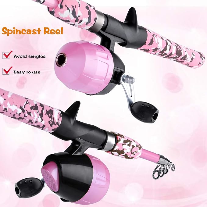 ODDSPRO Kids Fishing Pole Pink, Portable Telescopic Fishing Rod and Reel Combo Kit - with Spincast Fishing Reel Tackle Box for Girls, Youth-CubbioBaby
