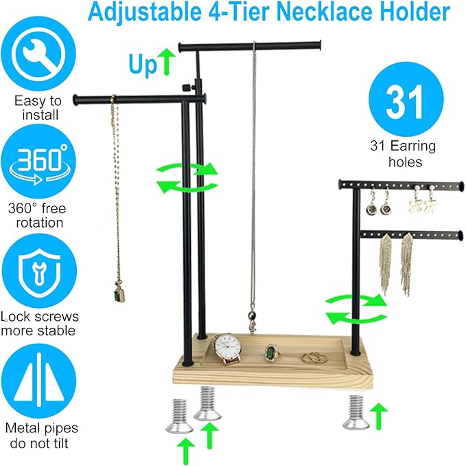 Premium Jewelry Stand, 4-Tier Storage Necklace Holder Stand, Earring Holder AdjustableTall 20I N (Max), Jewelry Organizer for Necklace, Bracelet, Earring, Black