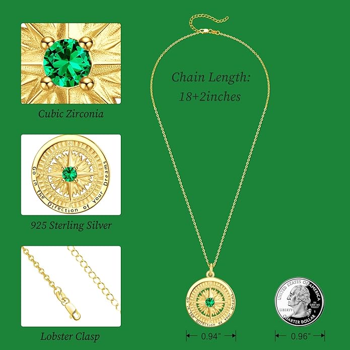 KINGWHYTE Graduation Gifts Birthstone Necklace for Women 925 Sterling Silver Compass Pendant Go in the Direction of your Dream Travel Jewelry Birthday Gift for Her