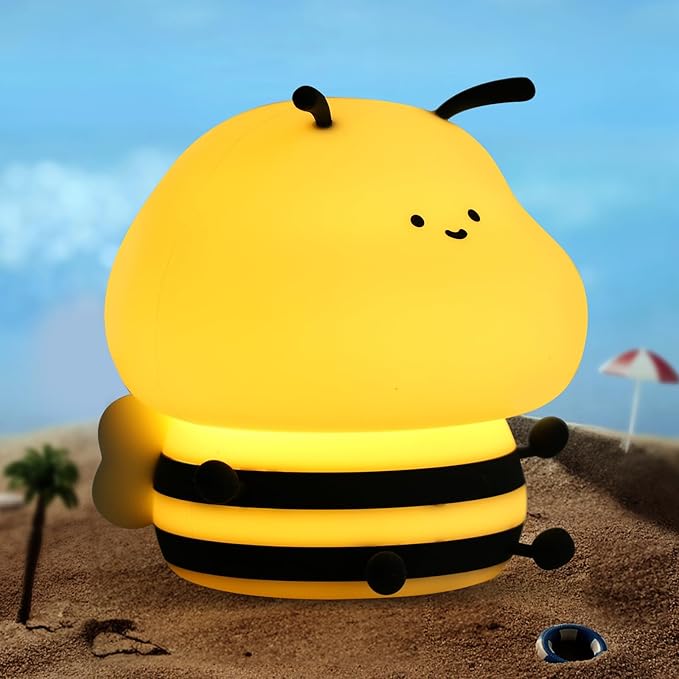 Bee Night Light for Kids,Cute Squishy Silicone Nursery Night Lamp Kawaii Animal Bedside Nightlight with 7 Colors 3 Levels Dimmable Tap Control Rechargeable Nightlights for Kids, Room Decor-CubbioBaby