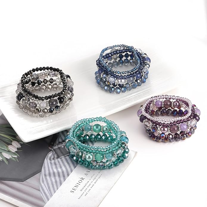 Noessla Beaded Boho Stretch Bracelet Colorful Stackable Crystal Beads Bracelets Trendy Costume Jewelry Mothers Day Gifts for Women