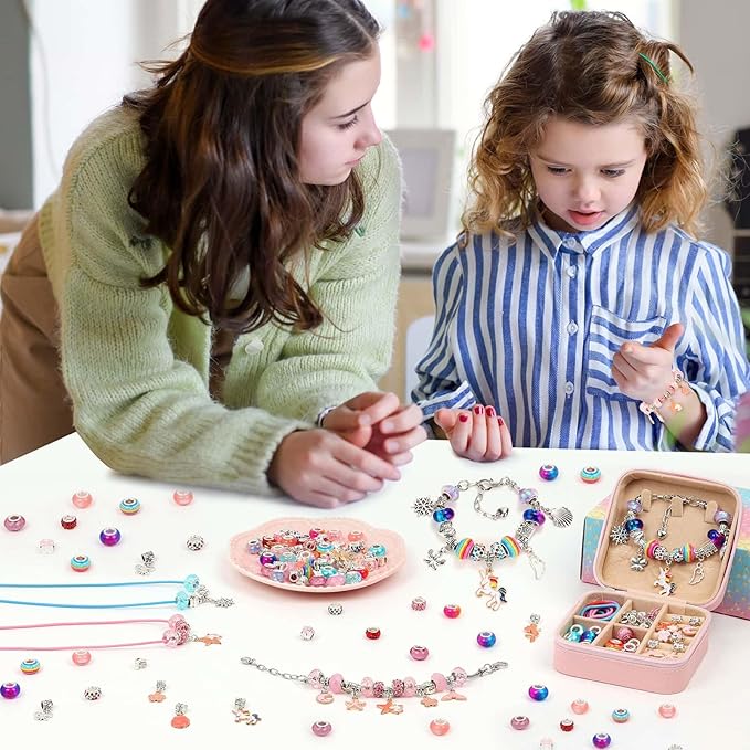 LifeisLuck Charm Bracelet Making Kit - 110 Pcs Girls Beads Jewelry Making Kit, Unicorn & Mermaid Crafts Toys Kids Birthday Gifts for Little Girls Ages 8-12, with H Initial Personalized Bracelet Case