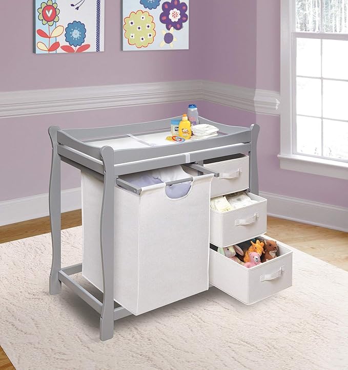 Badger Basket Sleigh-Style Baby Changing Table - Diaper Changing Station with 3 Storage Baskets - Nursery Organizer with Hamper, Changing Pad, Safety Rails - Gray-CubbioBaby