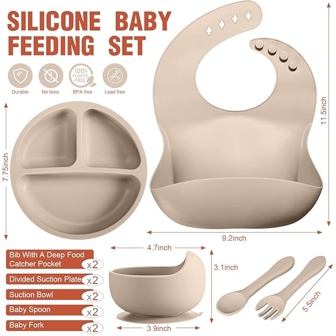 10 Pack Silicone Baby Feeding Set, Toddlers Led Weaning Feeding Supplies with Suction Baby Bowl Divided Plate Adjustable Bib Soft Silicone Spoon Fork, Infant Self Eating Utensil Set (Beige, Orange)-CubbioBaby