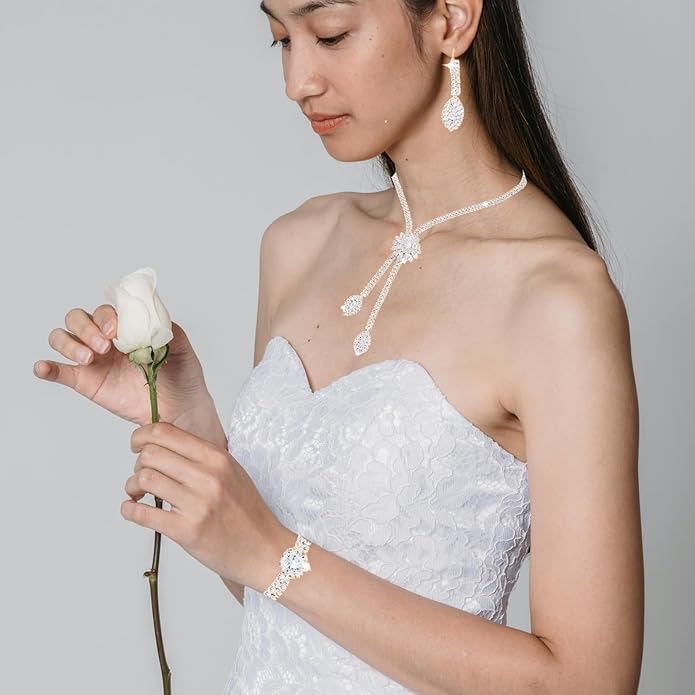 Rhinestone Earrings Necklace Bracelet Set for Women,Vintage Flower Crystal Earrings Necklaces Sparkly Bridal Necklace Bracelet Set Wedding Party Jewelry