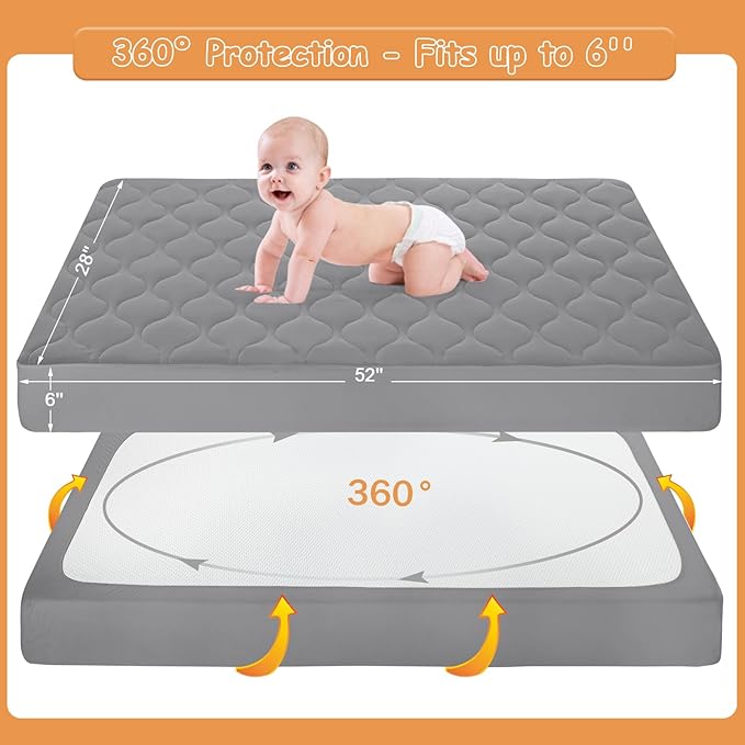 Yoofoss Waterproof Crib Mattress Protector, Quilted Crib Mattress Pad Cover Soft and Breathable, Machine Washable Toddler Mattress Protector for Standard Baby Crib Size 52''x28''-CubbioBaby