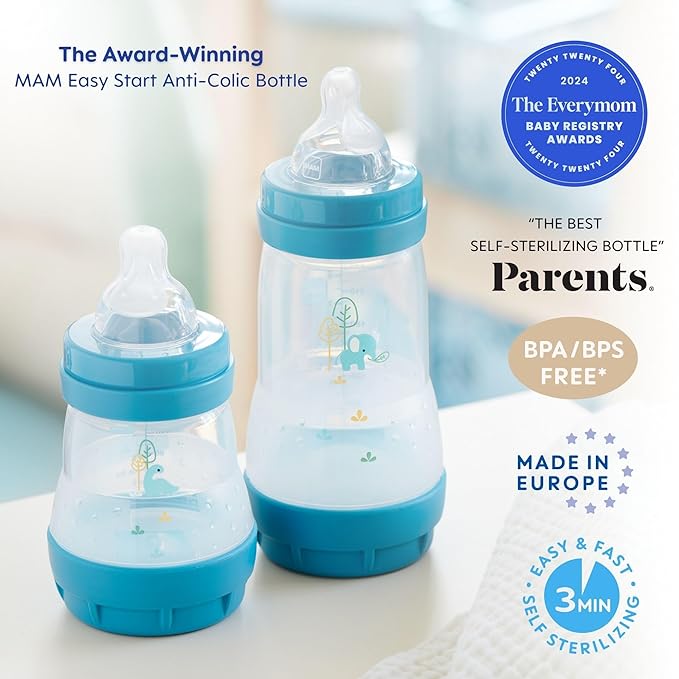 MAM Easy Start Anti-Colic Baby Bottles, Extra Slow Flow, Breastfeeding-Like Silicone Nipple Bottle, Reduces Colic, Gas, & Reflux, Easy-to-Clean, BPA-Free, Vented Baby Bottles for Newborns, 0-3 Months-CubbioBaby