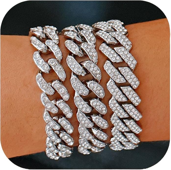 14K Gold Plated Ankle Bracelets for Women Cuban Link Anklets Plus Size Silver Ankle Bracelet Layered Link Anklet Set Rhinestone Bling Anklets Silver Jewelry for Women Gift Set