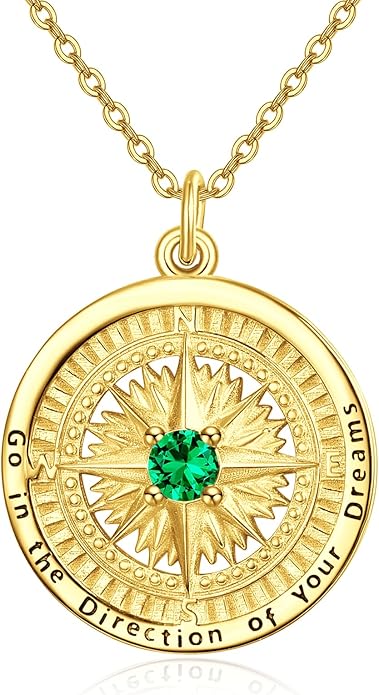 KINGWHYTE Graduation Gifts Birthstone Necklace for Women 925 Sterling Silver Compass Pendant Go in the Direction of your Dream Travel Jewelry Birthday Gift for Her
