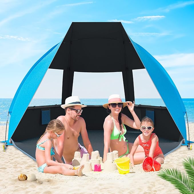 Gorich Portable Beach Tent for 3/4-5/6-7 Person with UPF 50+ UV Protection, Lightweight & Foldable Sun Shelter with 5 Sand Bags, Easy Setup Windproof Beach Umbrella Sun Shade-CubbioBaby