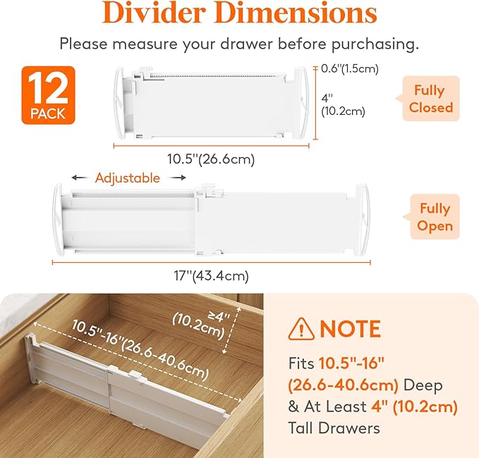 Lifewit 12 Pack Drawer Dividers 4" High, 10.5-16.5" Dresser Drawer Divider, Adjustable Drawer Organizers for Clothes, Plastic Drawers Separators for Dresser, Bedroom, Bathroom, Kitchen, Office-CubbioBaby