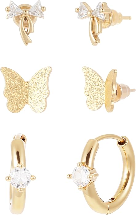 3 Pairs Gold Plated Hoop Earrings Set for Wonmen Trendy,With Butterfly & Bow Design,Jewelry Gift for Everyday, Party, Work
