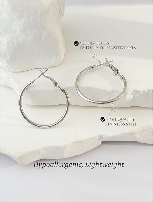 Hypoallergenic 18K Gold Plated Hoop Earrings for Women,Gold Surgical Steel Hoops Earrings, Big Large Thin Hoop Earring for Women, Classic Hoops Everyday Wear 30/40/50/60mm