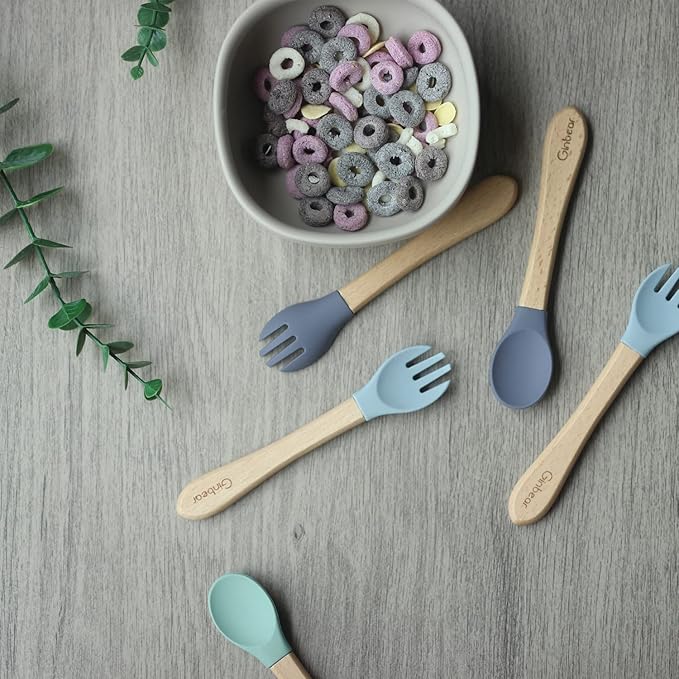 Ginbear Silicone Baby Spoons and Forks Self-feeding 12-18 Months, Soft-Tip Baby Flatware Sets, Toddler Feeding Utensils for Child, 4 Piece Set (Hazy Green/Almond)-CubbioBaby