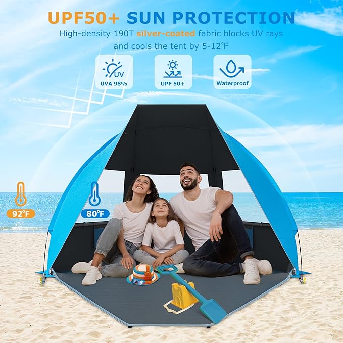 Gorich Portable Beach Tent for 3/4-5/6-7 Person with UPF 50+ UV Protection, Lightweight & Foldable Sun Shelter with 5 Sand Bags, Easy Setup Windproof Beach Umbrella Sun Shade-CubbioBaby