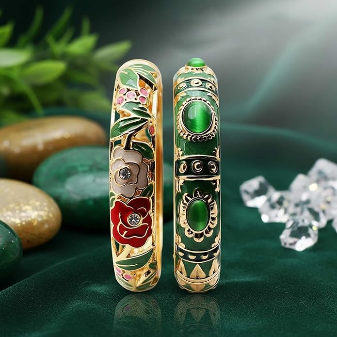 Vintage jewelry bangle Green Enameled Bracelet with Gemstone Floral Gold Plated Bangle Jewelry Gifts for Mom BFF Daughter