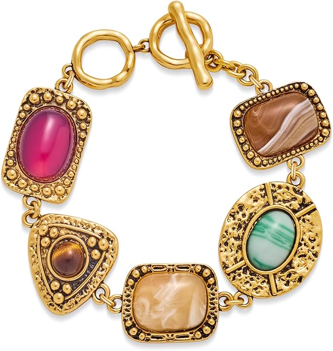 Vintage Geometric Stone Charm Bracelets for Women Trendy Chunky Gold Chain Link Bracelet Boho Statement Bangle Bracelets Jewelry