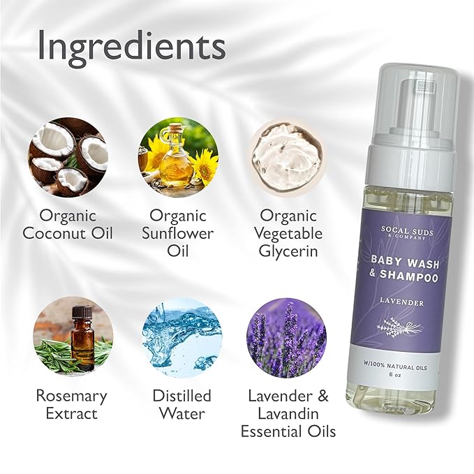 SoCal Suds & Company - Organic Foaming Baby Wash & Shampoo - Gentle Cleansing Newborn Body & Hair Soap for Sensitive Skin - Clean Natural Soothing Ingredients - Lavender, 6oz, 2-Pack-CubbioBaby