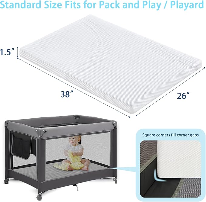 Pack and Play Mattress 38 x 26 x 1.5 in, Soft Breathable Pack N Play Mattresses with Washable Waterproof Cover for Baby ＆Toddler, Portable Crib Mattress for Playard-CubbioBaby